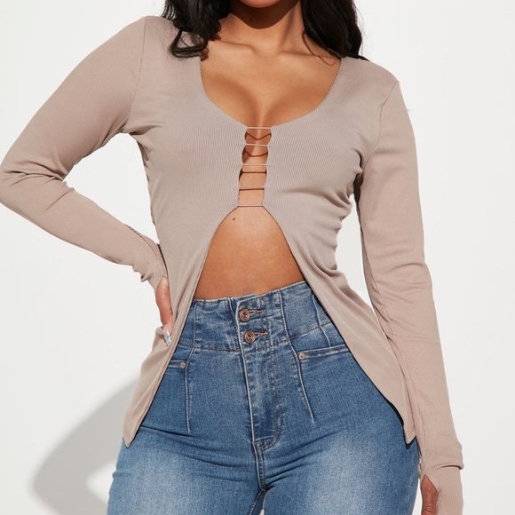 Taupe lace up open front long sleeve - Picture 2 of 3